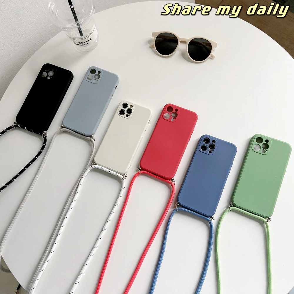 

Crossbody Necklace Strap Lanyard Cord Liquid Silicone Phone Case For iphone 13 12 MiNi 11 Pro X XR XS Max 6s 7 8 Plus SE 2 Cover