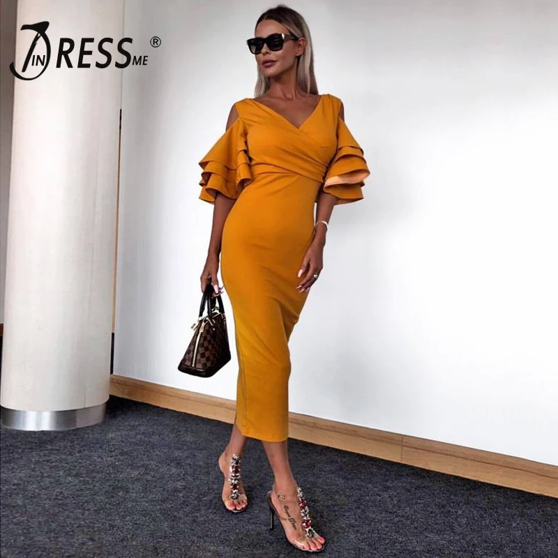 Женское вечернее платье миди INDRESSME желтое Клубное с рюшами бабочками коротким