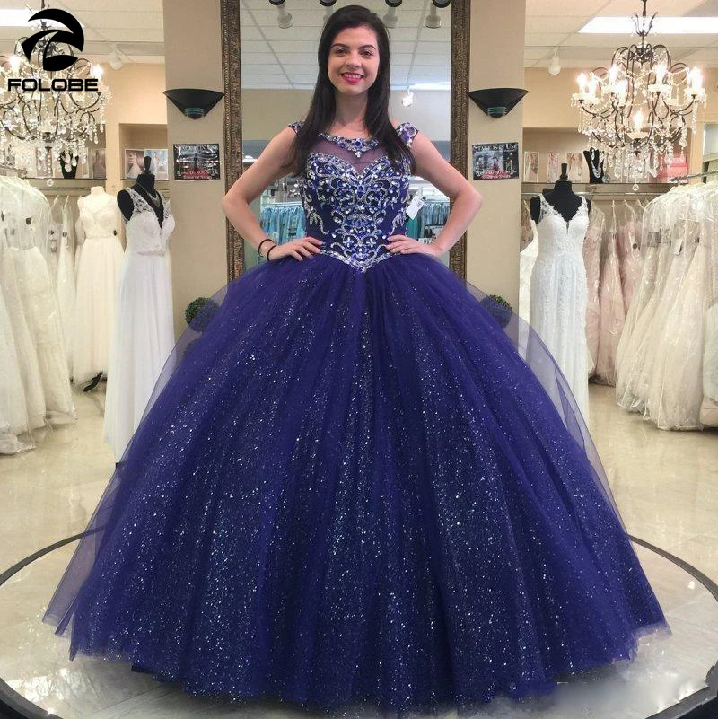 

Блестящее темно-синее бальное платье с бисером, платья для Quinceanera, милое Тюлевое платье с глубоким круглым вырезом и блестками, платья для ...
