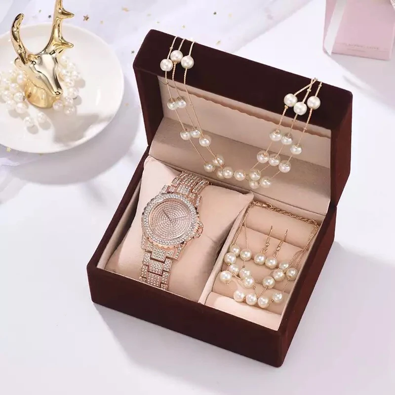 

Luxury Creative Watches Set Women Diamond Rhinestone Quartz Watch Pearl Necklace Bracelet Earrings Watches Gifts Sets For Women