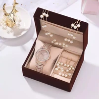 luxury rose gold watches set women diamond rhinestone quartz watch pearl necklace bracelet earrings watches gifts sets for women