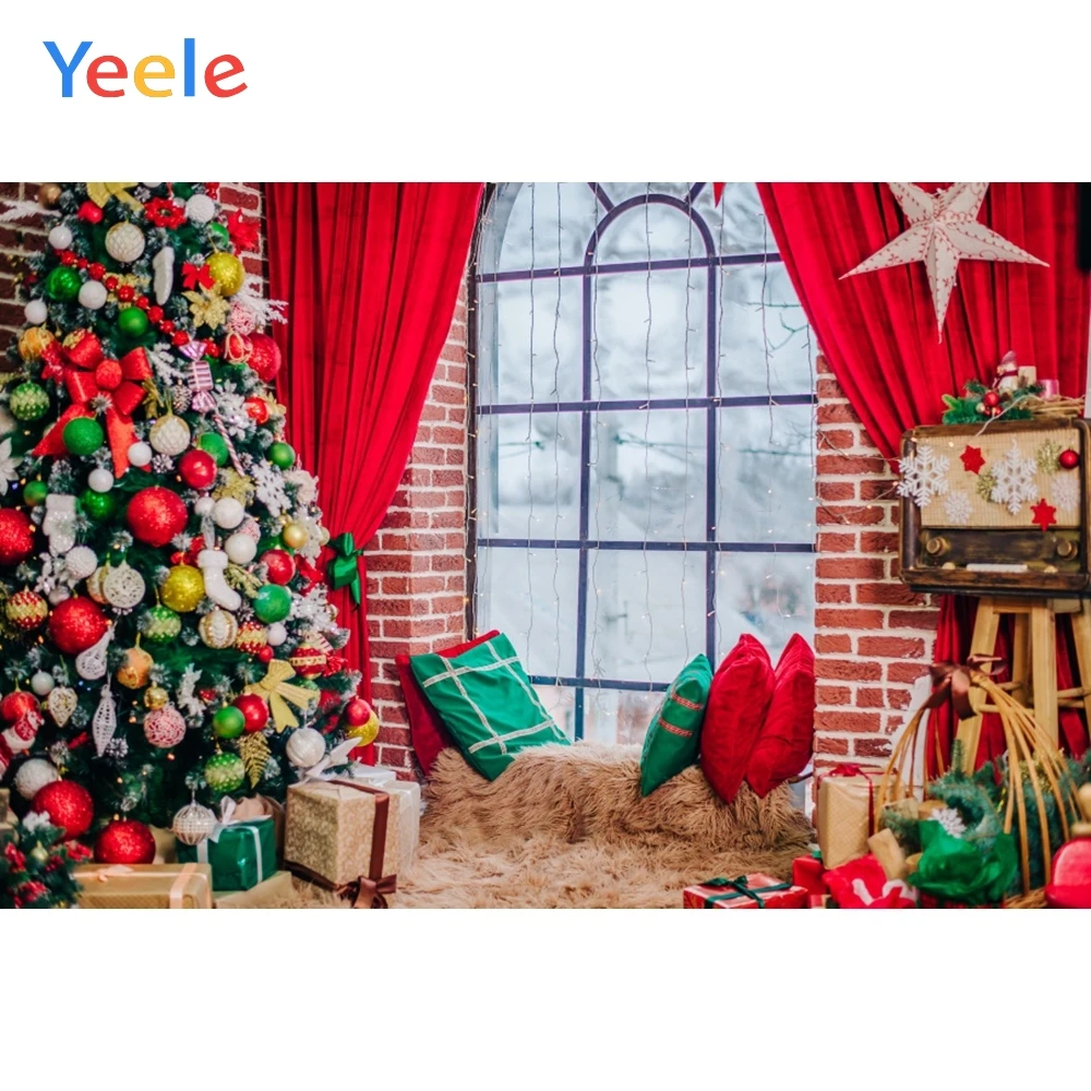 

Yeele Christmas Tree Window Curtain Pillow Carpet Gift Photography Background Customized Photographic Backdrops for Photo Studio