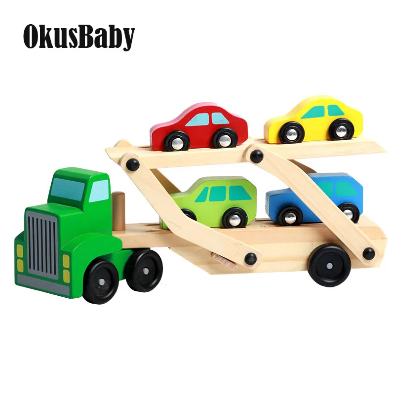 Цветной деревянный игрушечный автомобиль из мультфильма двухуровневый зеленый