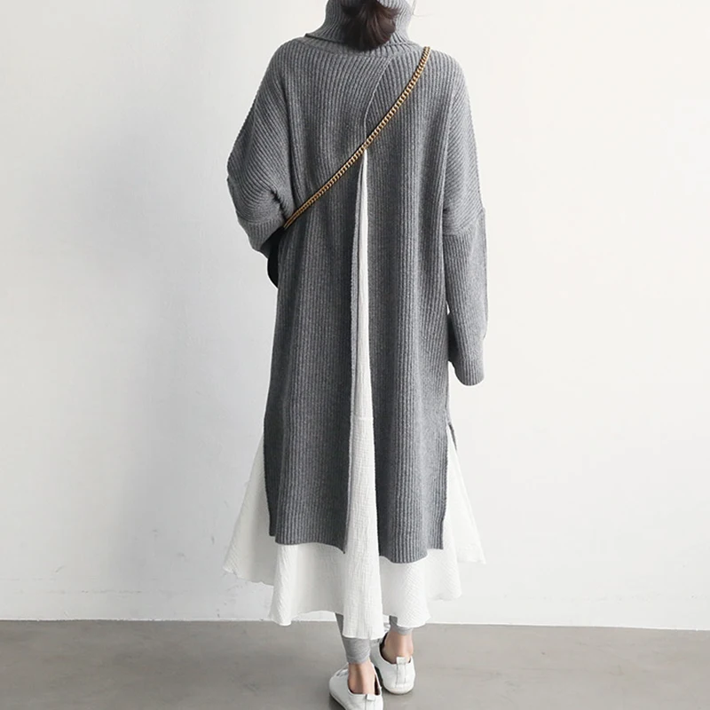 Женское вязаное платье свитер с высоким воротником повседневное длинное