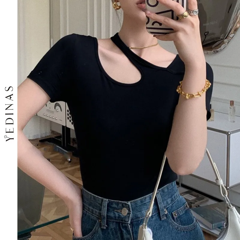 

Женская ажурная футболка Yedinas, летняя футболка с коротким рукавом, с асимметричным вырезом, в Корейском стиле
