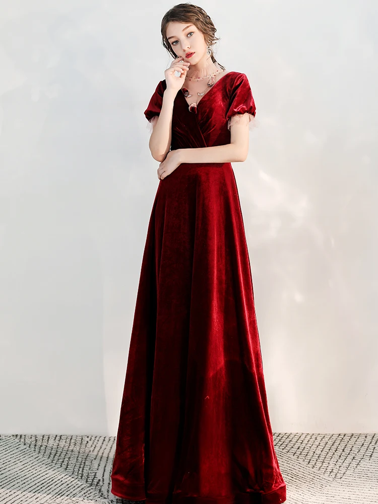 SSYFashion зима новый банкет Элегантный бордовый вечернее платье дворца Винтаж