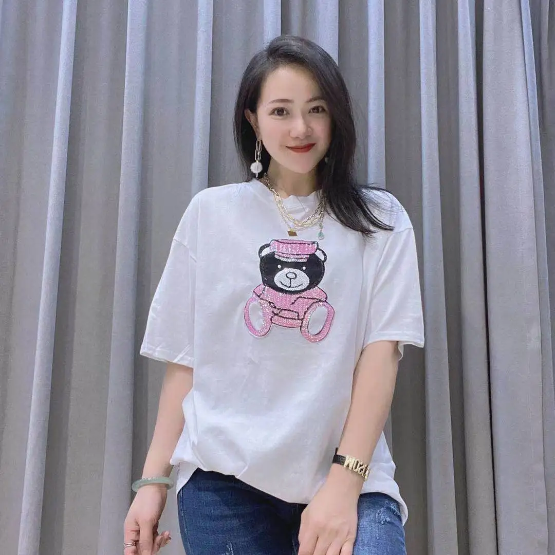 

2021 Summer New Leisure Short Sleeve Top Women's European 2037 European Sequin Bear Thin Round Collar Set Welfare T-shirt