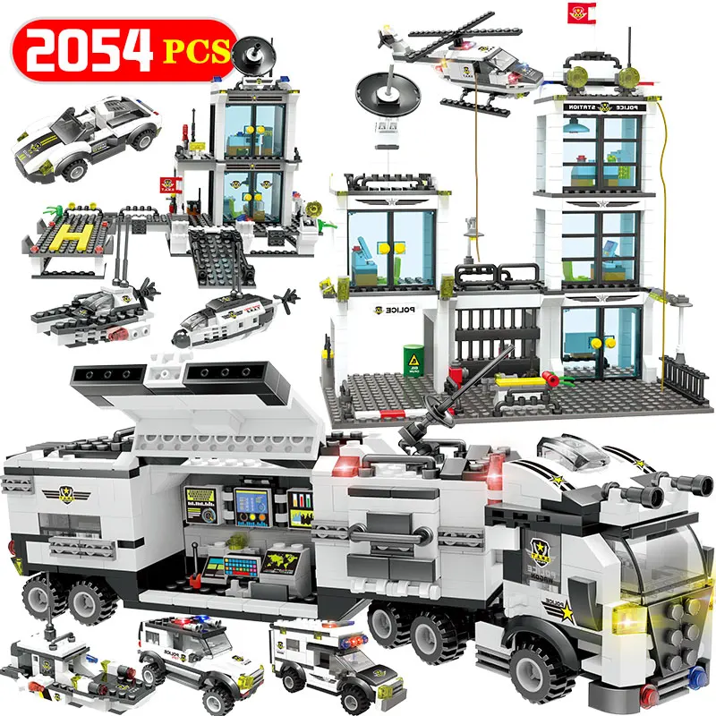 

2054 шт. городская полиция Staiton грузовой вертолет строительные блоки Совместимые городские фигурки полицейского спецназа светящиеся Кирпичи...