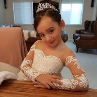 lovely long sleeves girls pageant dresses appliques bow back ball gown flower girl dress illusion kids birthday party wear