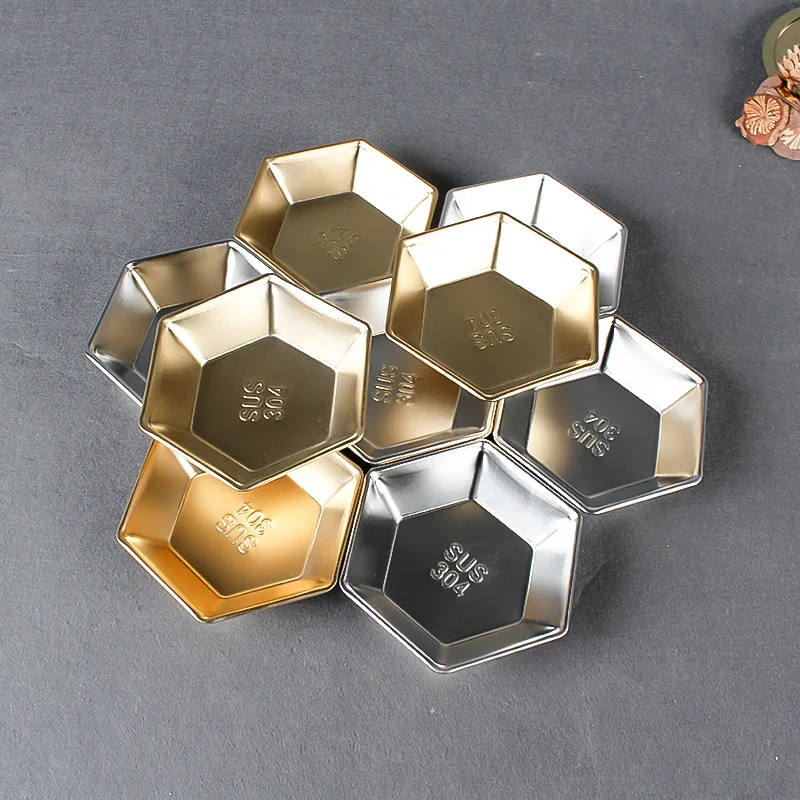 

Stainless Steel Hexagonal Seasoning Sauce Dish Dip Bowl Side Plates Vinegar Soy Dishes Kitchen Saucer