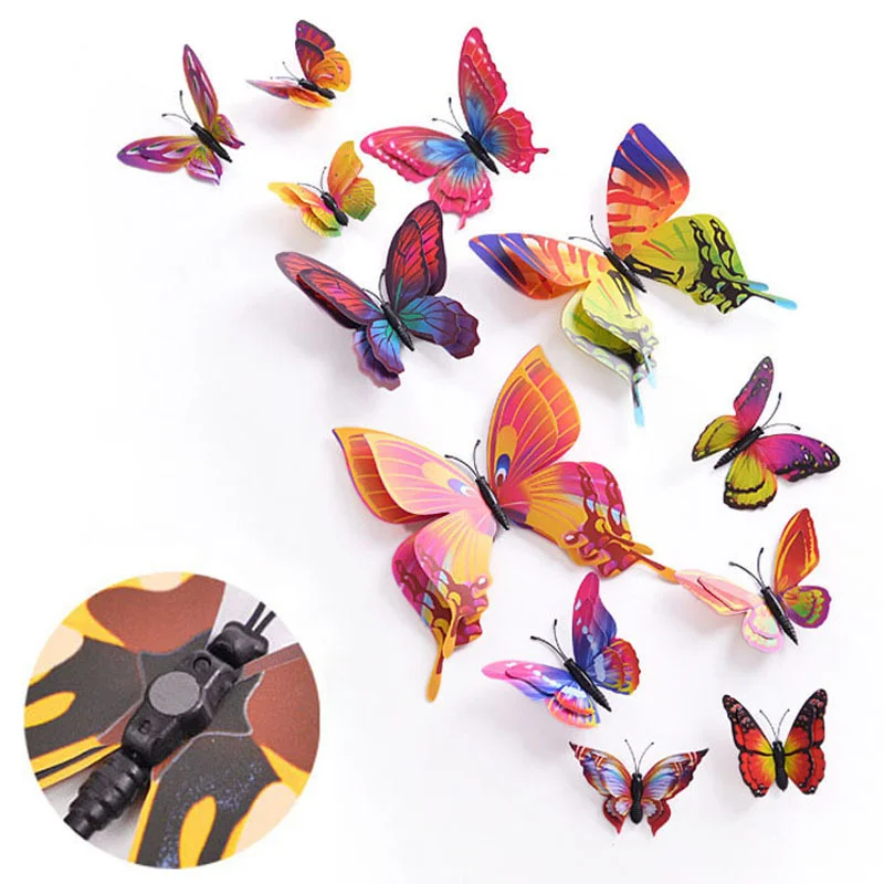 

12PCS Mixed Color Double Layer Butterfly 3D Wall Sticker For Wedding Decoration Magnet Butterflies Fridge Stickers Home Decor