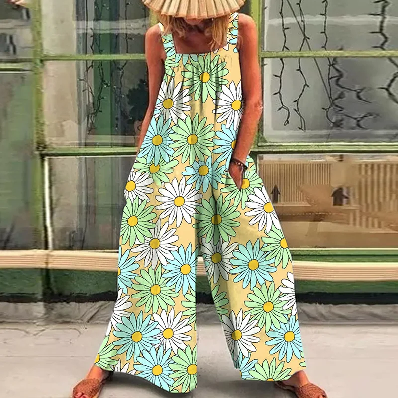 

Bohemia Floral Print Rompers Women Casual Sleeveless Pocket Wide Leg Jumpsuits Ladies Summer Beach Party Plus Size Rompers Femme
