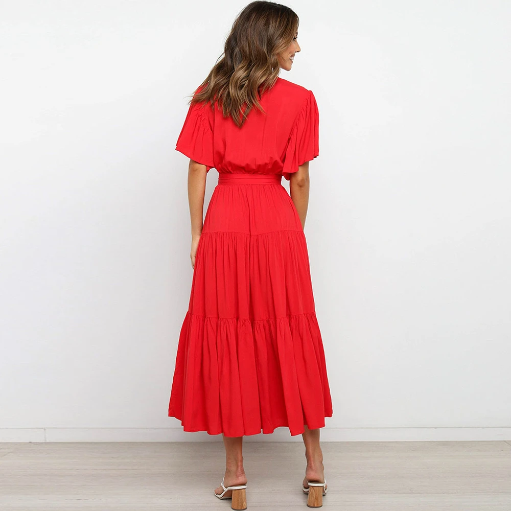 

Dress Women 2021 New Arrive Spring V Neck Cross Belt Tunic Solid Color Fashion Casual Ankle Length Dresses