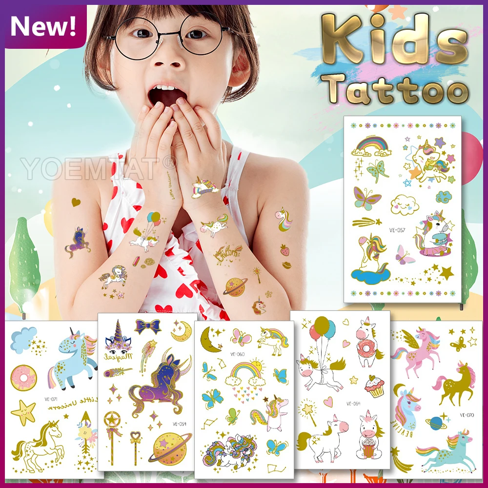 

Rainbow Unicorn Butterfly Donut Planet Golden Face Hand Girl Boy Glitter Tattoo Kids Space 6 Month Temporary Tatoo 2021 Body Art
