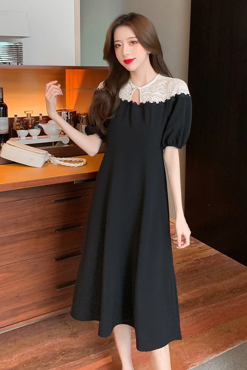 

Black Dress 2021 Summer Women's New Round Neck Cutout Splicing Short Sleeve Mid-length Dress Female High Waist Zipper Midi Dress