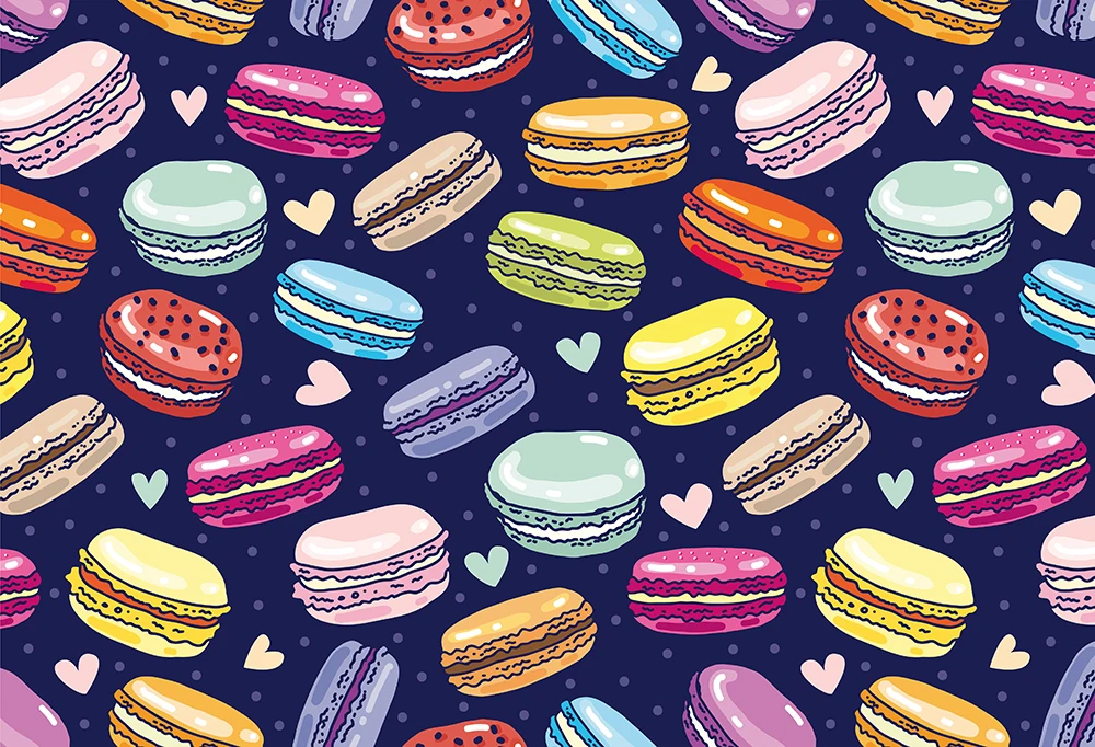 Kids Baby Photo Booth Background Seamless Assorted Macarons Pattern On Navy Blue Backdrop Photography Studio Portrait Wallpaper |