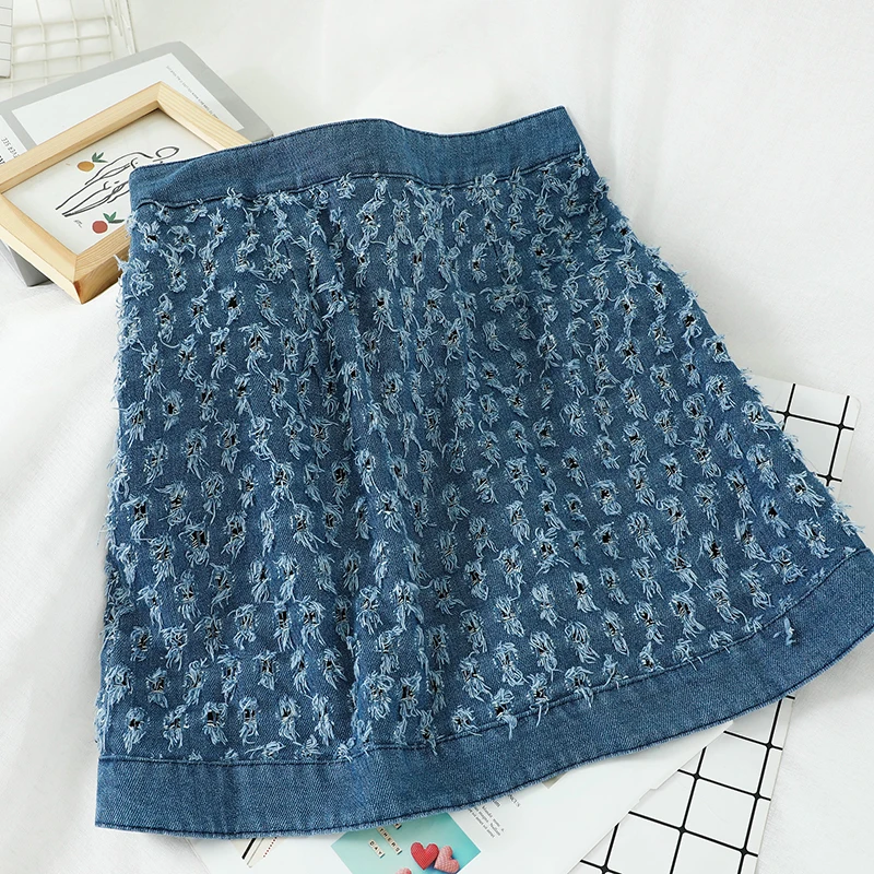 Короткая юбка для женщин Однобортный трапециевидной формы синего джинсового