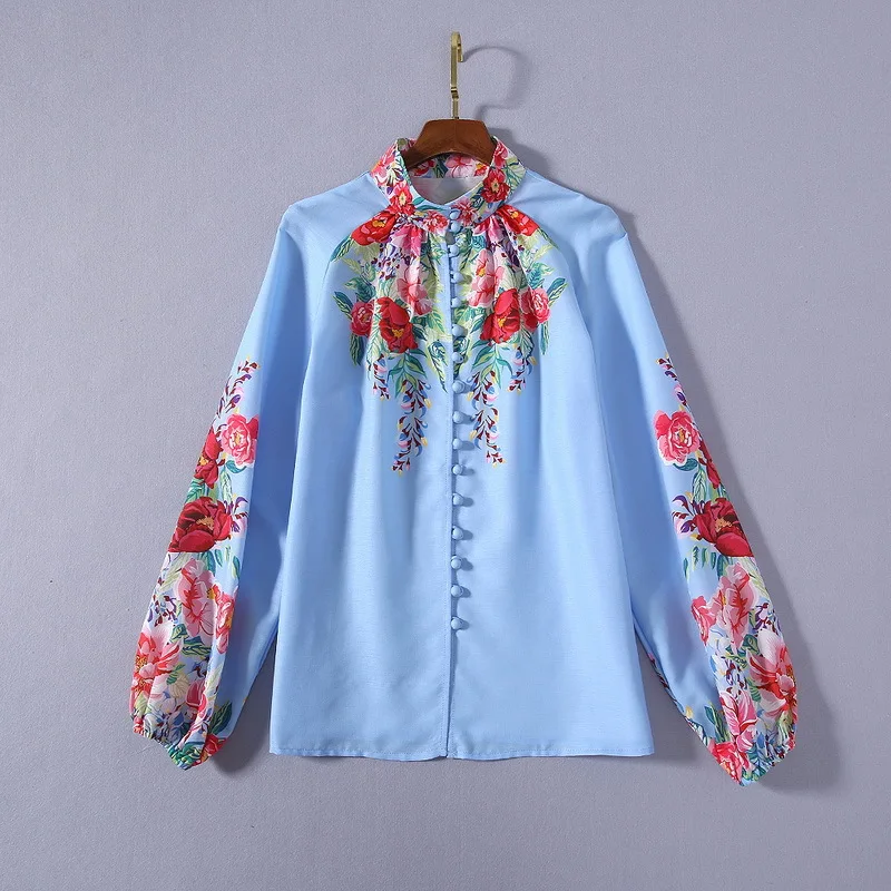 

European and American women's clothing 2020 summer new style Long-sleeved stand collar flower print shirt Printed shorts suit