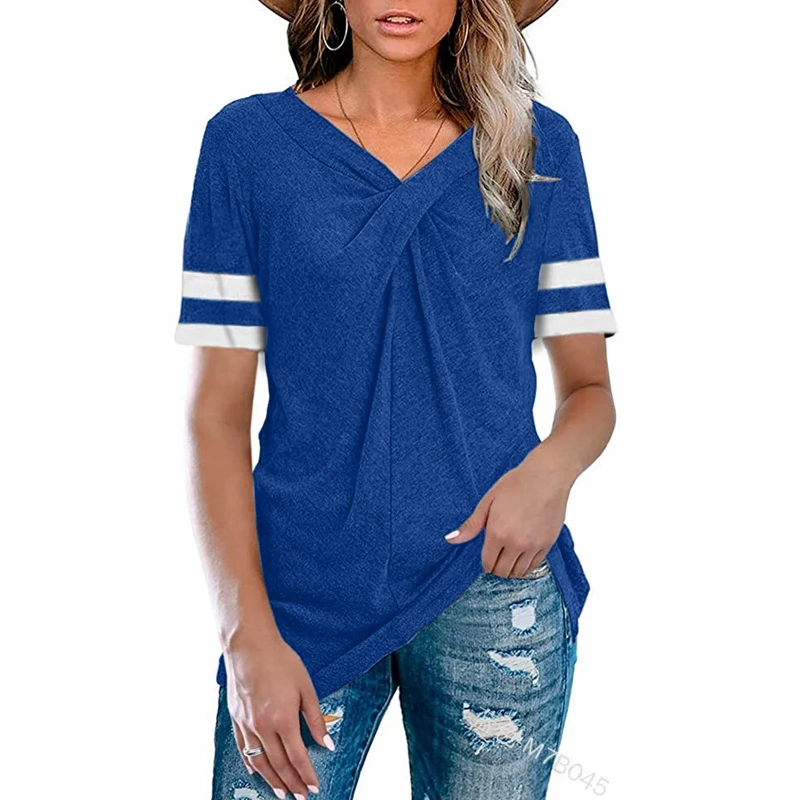 

WEPBEL Short Sleeve T-shirt Summer Fashion Striped Slim T-shirt Women's Casual Solid Color and V-neck Pleated T-shirt Top