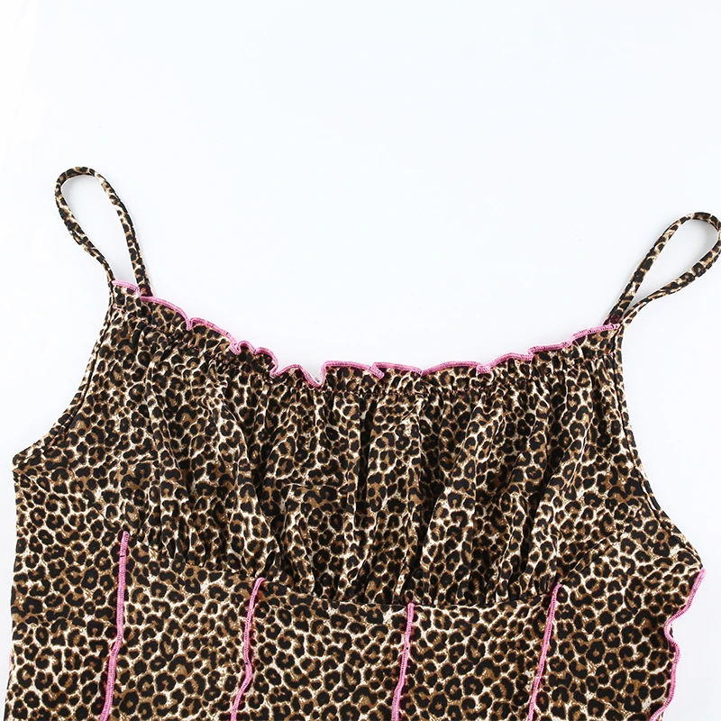 

Leopard Print Tank Top Summer Sexy Sleeveless Ruffles Frilly Tanks Sling Crop Tops Square Collar Striped Vest Night Club Wear