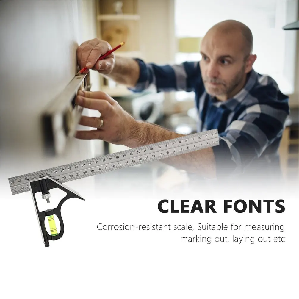 

Square Ruler Set Kit 300mm 45/90 Degree Adjustable Engineers Combination Try None Right Angle Ruler with Spirit Level & Scriber
