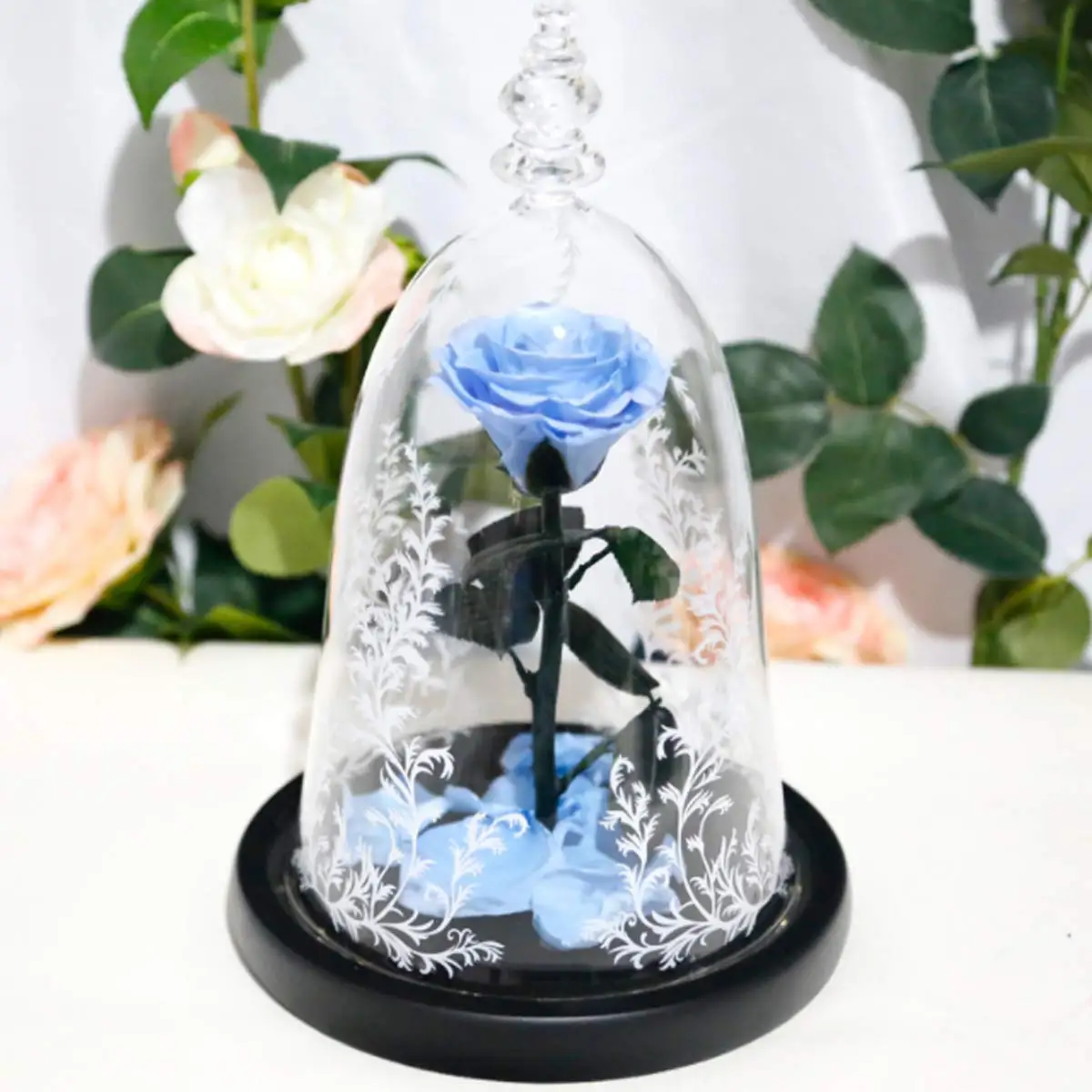 LIGHT BLUE ROSE Искусственные цветы, красные розы, украшение, красота и чудовище, со стеклянным куполом, деревянная основа, искусственные цветы на год, подарки на день Святого Валентина - Цвет: LIGHT BLUE ROSE