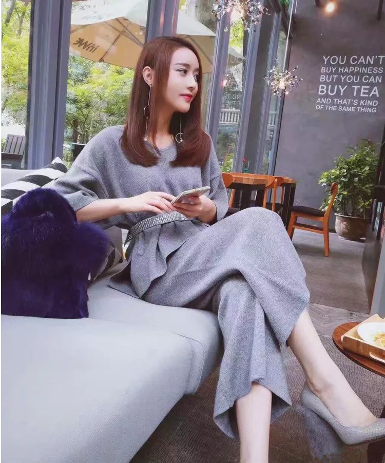 Женский вязаный комплект из двух предметов свободные брюки с широкими штанинами