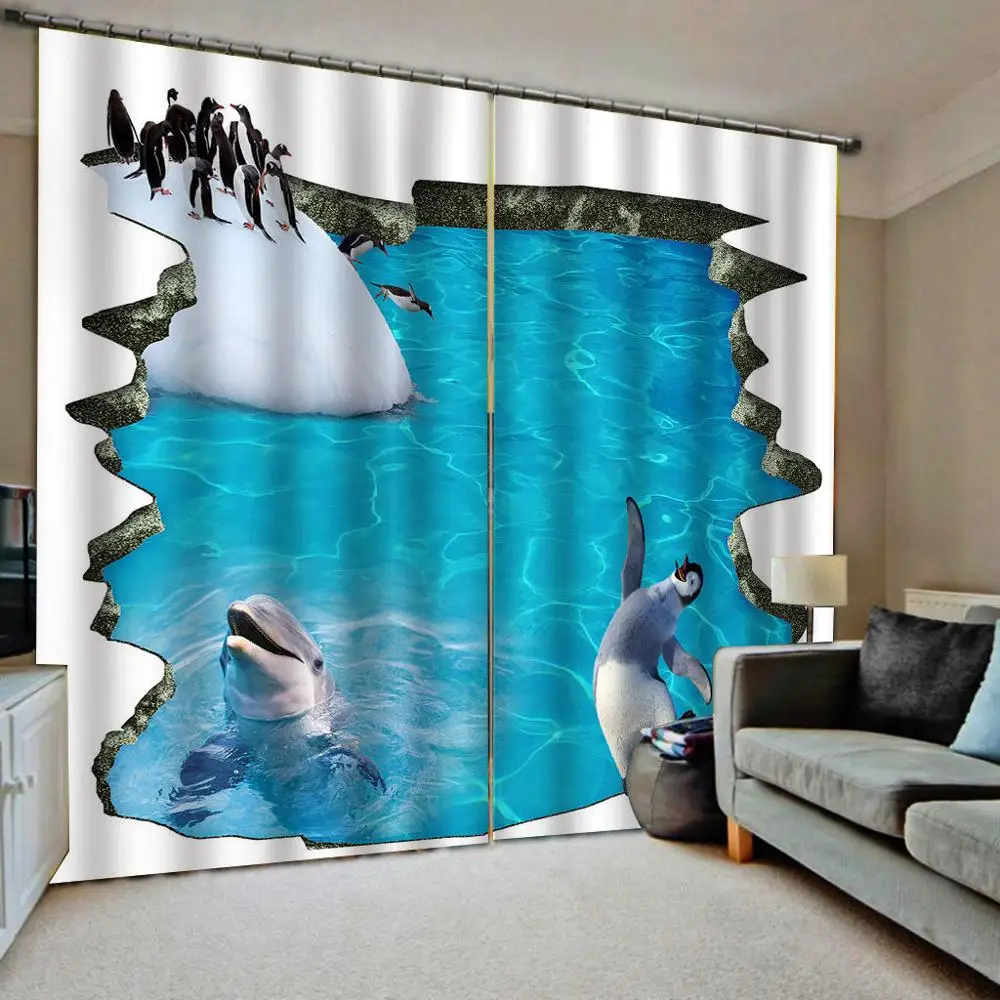 

blue 3D Curtain Luxury Blackout Window Curtain Living Room ocean underwater dolphin curtains