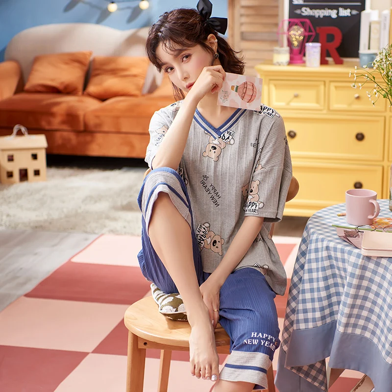 

Sexy V-Neck Summer Women's Pajamas Cotton Short Sleeved Pajamas Plus Size Women Homewear Cartoon Little Bears Kawaii Sleepwear