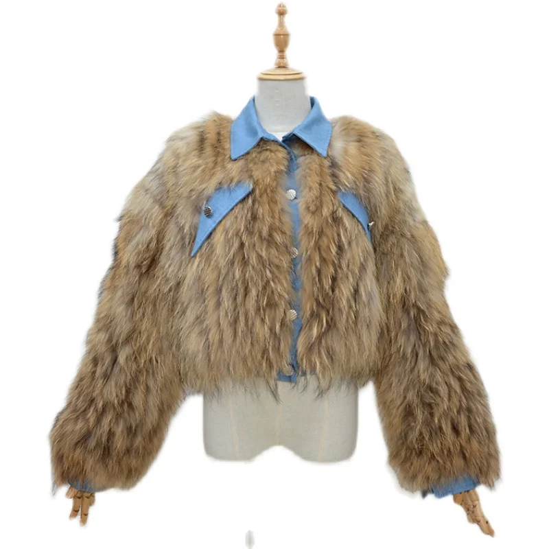 

real Raccoon fur coat women winter short Thin fashion slim striped