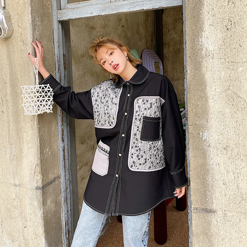 

LANMREM Women Black Big Size Contrasting Color Blouse New Lapel Long Sleeve Loose Shirt Fashion Tide Spring Summer 2021 2F0185