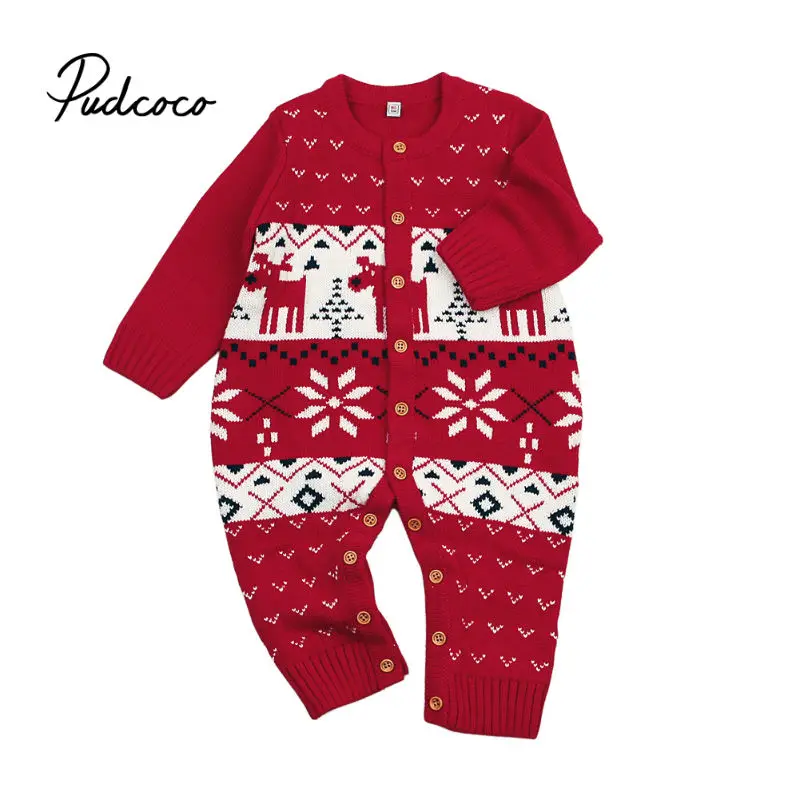 Вязаные рождественские Кнопка Тип зимний комбинезон для новорожденного малыша