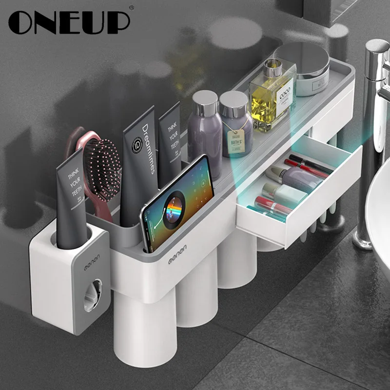 ONEUP магнитный держатель для зубных щеток с адсорбцией, чехол с 4 чашками, домашняя стойка для хранения для ванной комнаты, настенные аксессуары для ванной комнаты