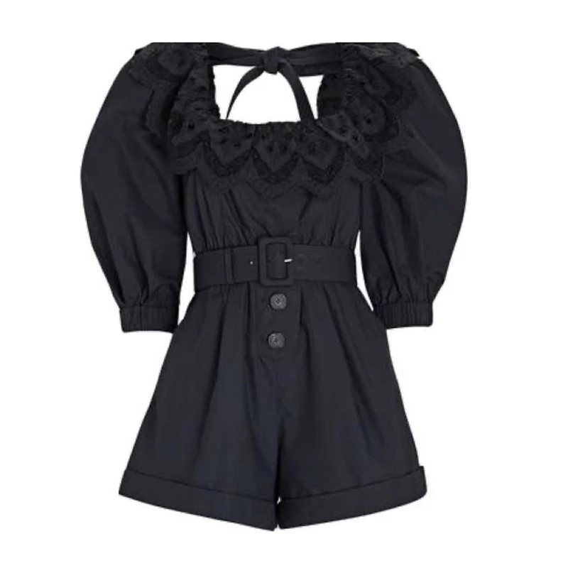 

VGH Black Ruffle Women's Playsuit Square Collar Lantern Short Sleeve Patchwork Lace High Waist Sashes Tunic Jumpsuit Female 2020