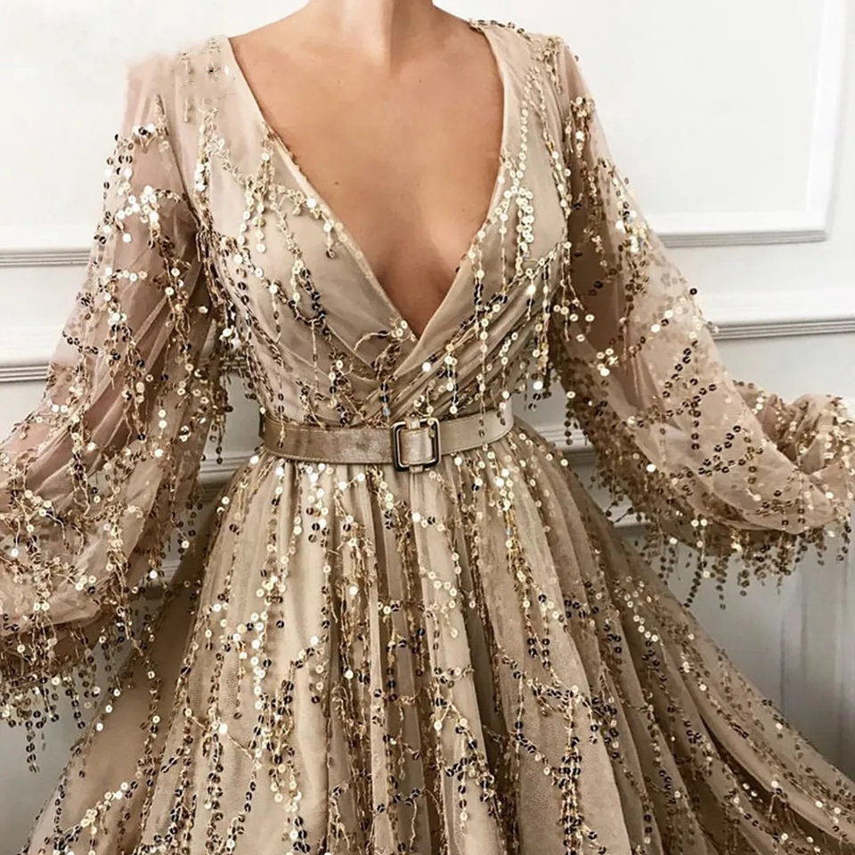 

Women Champagne Long Sleeves Formal Party Robe De Soiree Luxury Champagne Prom Gowns Split A-Line Sequin Evening Dresses