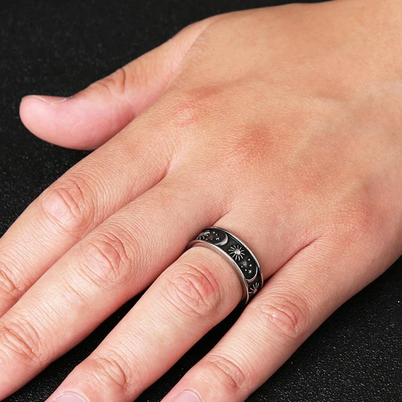 

1Pcs 8mm Moon Star Sun Statement Ring Stainless Steel Boho Jewelry for Women Men Gift 6-10