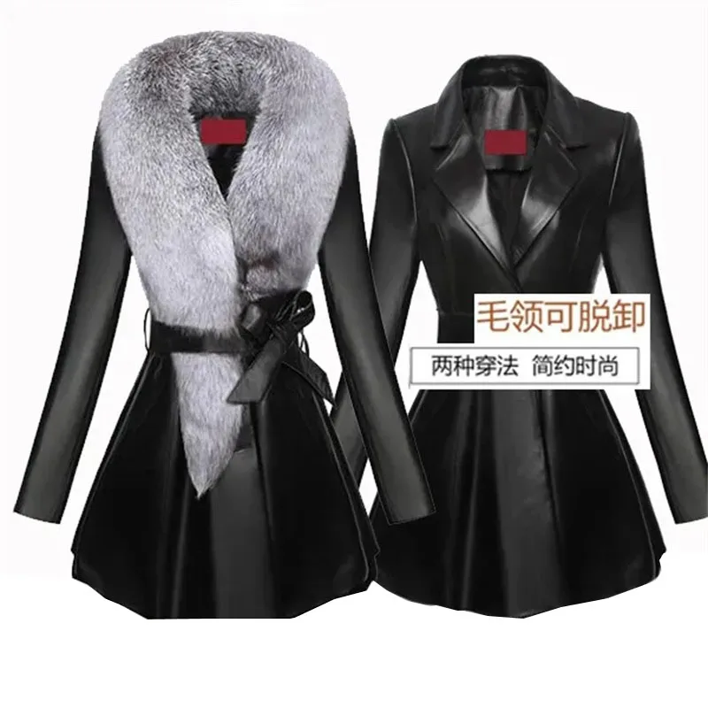 High QualiS-8XL 2022 New leather jacket Women's Mid-Long Thick cotton Coat Slim Fit Fur Imitation Fox Fur Collar Silver Fox Fur