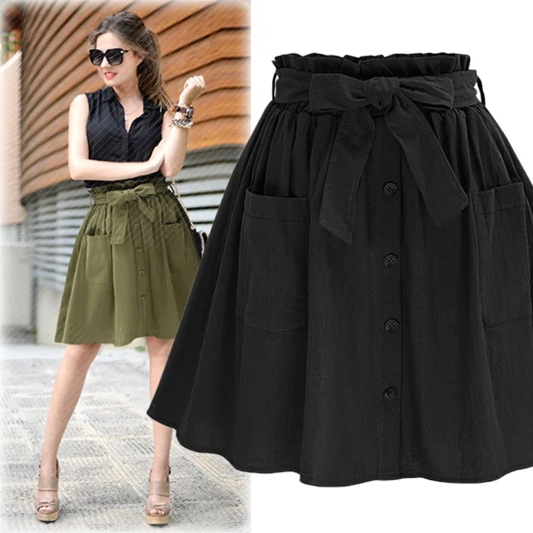 Высокая эластичность талии карман юбка женская армейский зеленый черный хлопок