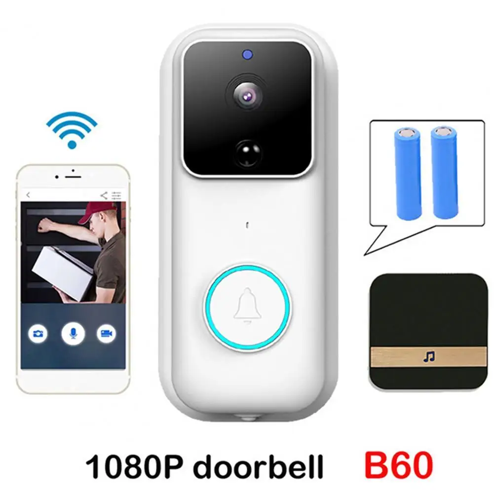 

White 2 x 18650 2600mAh Batteries B60 WiFi Doorbell Visual Intercom Horizontal Metal Smart Video Door Bell with Cloud Storage