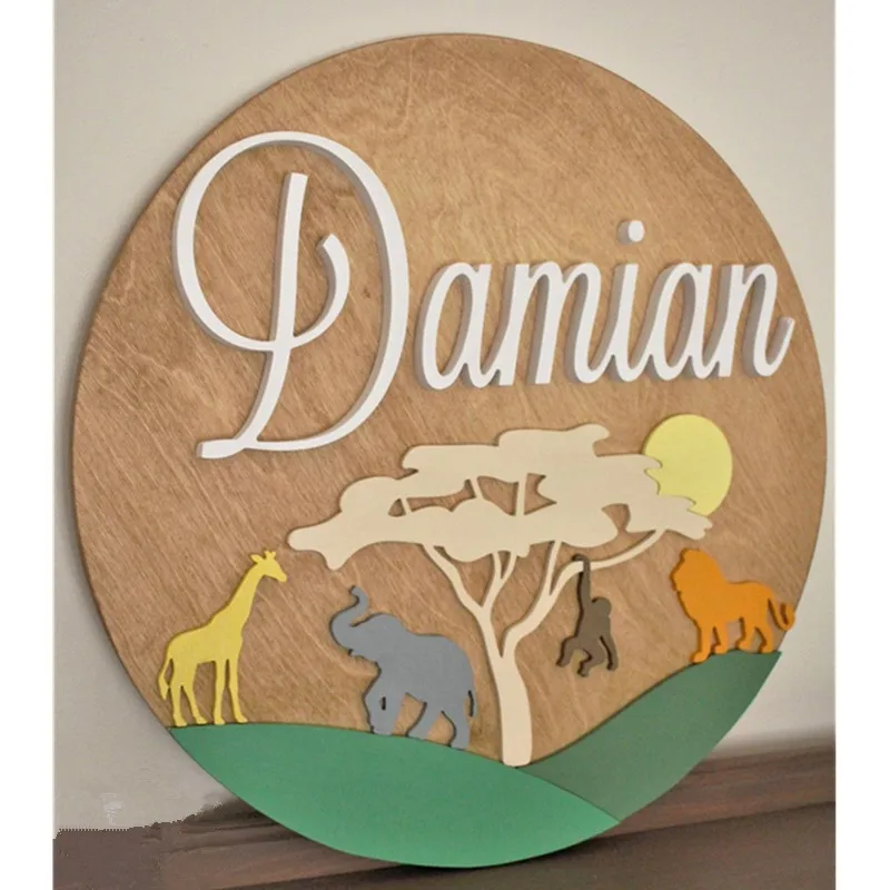 Простой 3D знак имени ребенка персонализированный стиль сафари деревянная