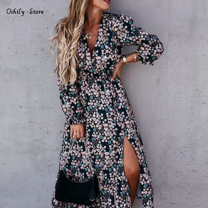 Женское длинное платье с V образным вырезом элегантное леопардовое цветочным