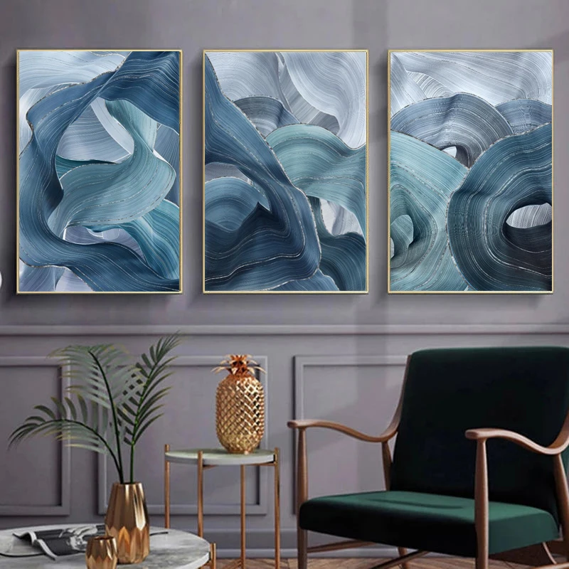 

Абстрактная синяя лента в скандинавском стиле, серебряная линия, Картина на холсте, настенные художественные принты, современные декоратив...