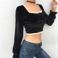 2021 spring vintage velvet t shirt square neck long sleeve cropped lace stitched shirt national style chinese knot elegant tops
