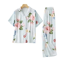 ladies pajamas pants set viscose peony flower short sleeved pyjamas cardigan print home clothes suit ropa verano mujer pjs women