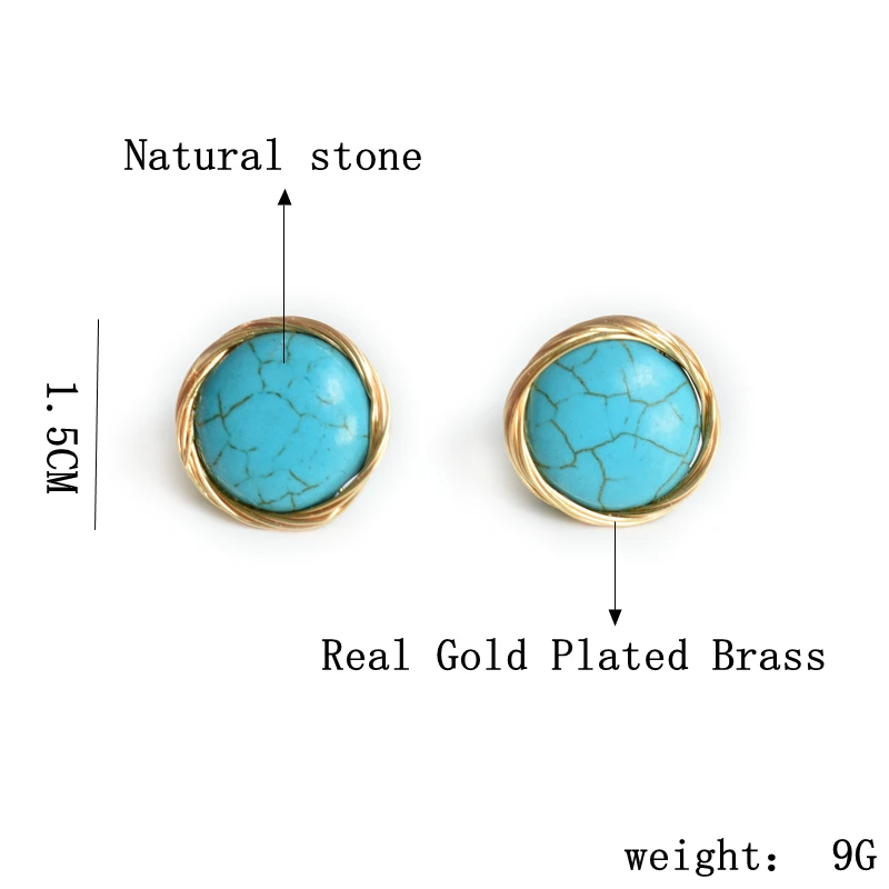 

Fancy Turquoise Stone Stud Earrings for Women Girls Vintage Stones Piercing Earrings Real Gold Plated Brass Jewelry Pendientes