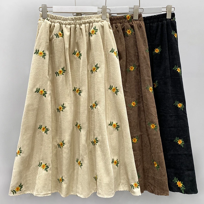 

Vintage Harajuku Flower Embroidery Loose Long Skirt Women Corduroy Bottom High Waist Elastic Chic Streetwear Female Skirts