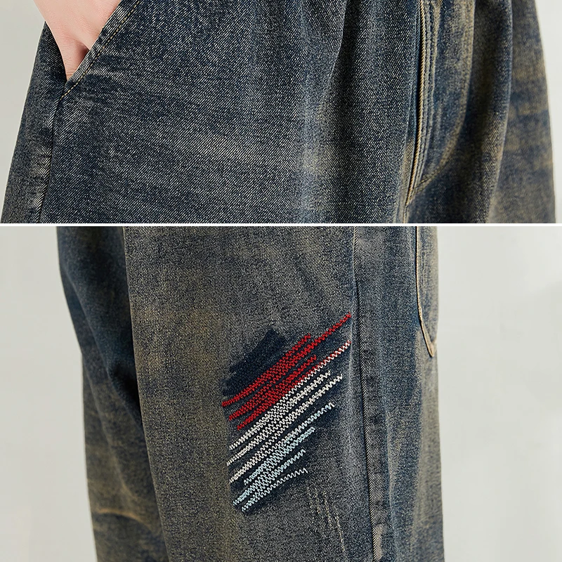 Женские джинсовые шаровары с эластичной резинкой на талии и вышивкой в стиле