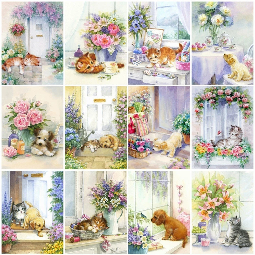 

5D Diy Diamond Painting Dog Animal Mosaic Rhinestone Picture Cat and Flower Diamond Embroidery Home Decoration Cross Stitch Set