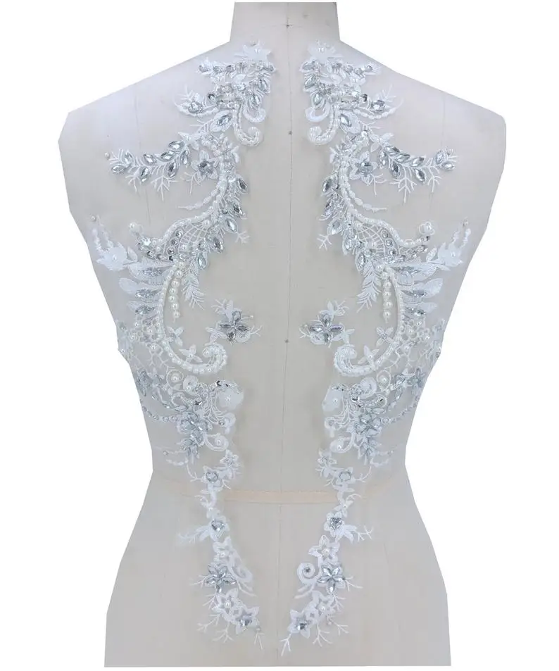 

1 Pair Bridal Lace Applique Silver Rhinestone Beaded Floral Embroidered Sequins Lace Motif