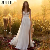 jeheth sexy high slit v neck backless chiffon boho wedding dresses for women spaghetti straps a line appliques lace bridal gowns